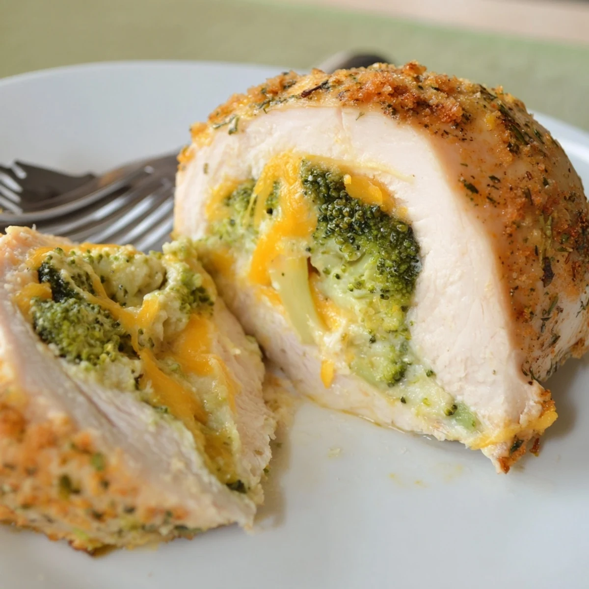 Sliced Broccoli Cheese Stuffed Chicken Breast on plate, creamy filling steaming, side salad