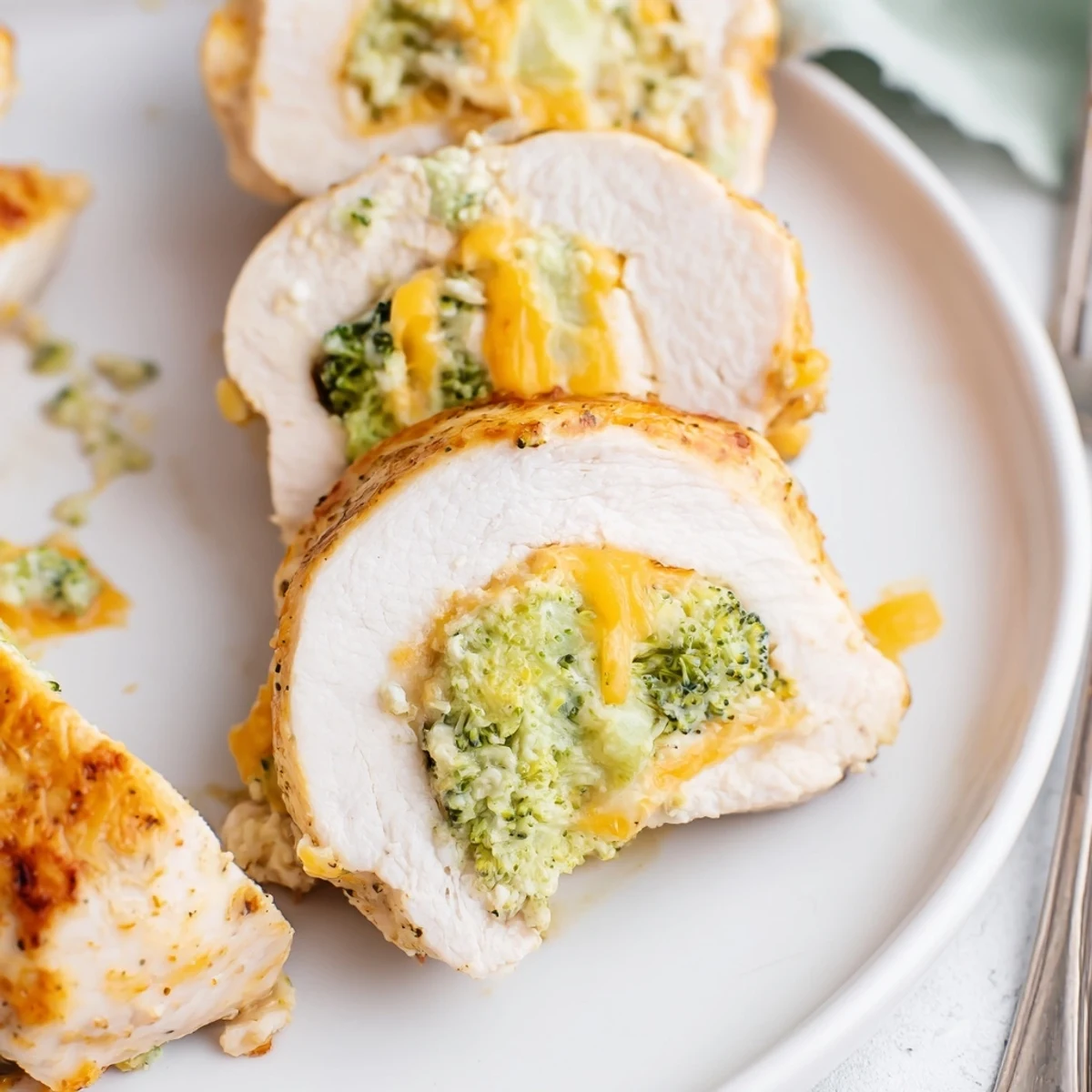 Oven baked Broccoli Cheese Stuffed Chicken Breast resting, cheese oozing, garnished with parsley