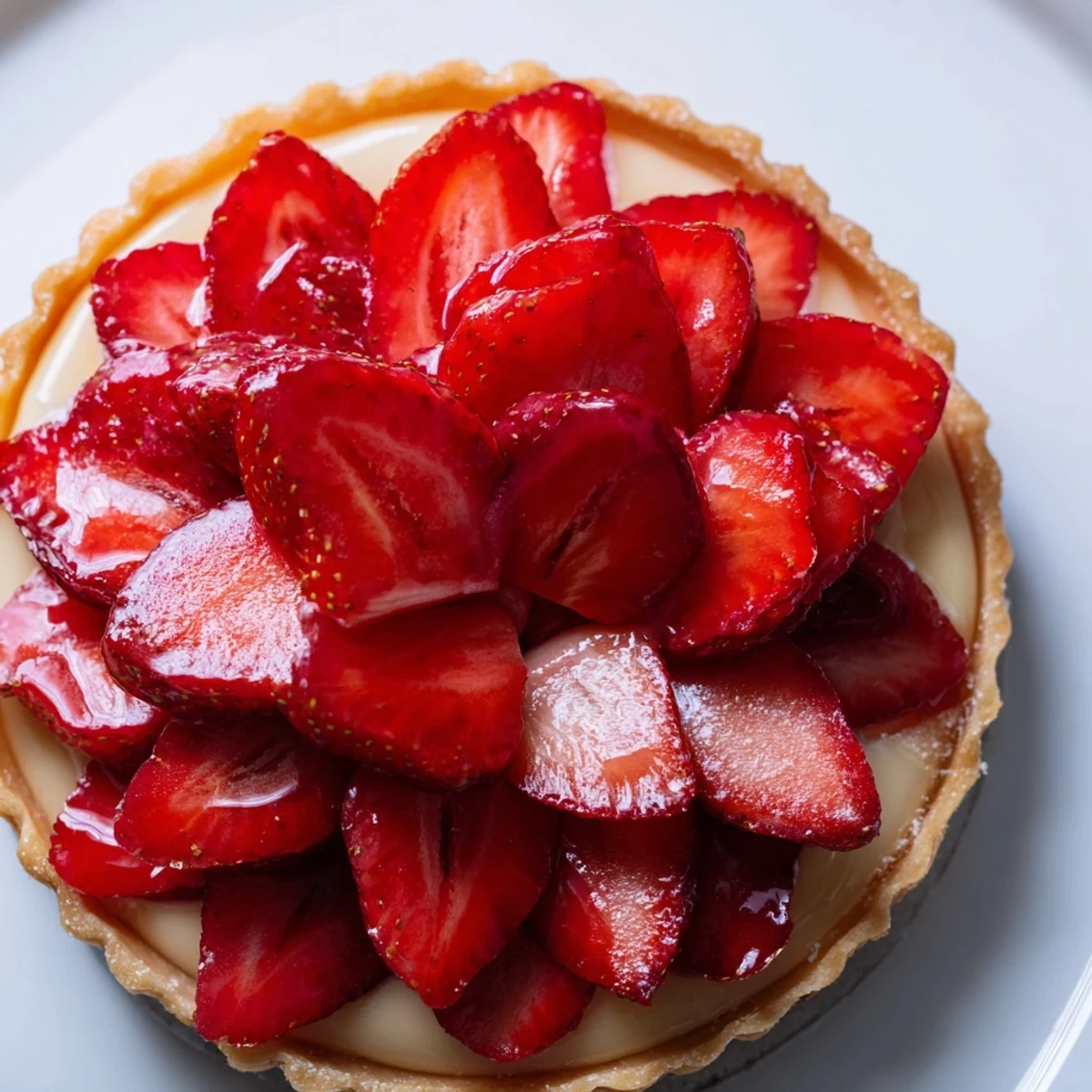 Tarte aux Fraises with glossy strawberries atop creamy vanilla custard, buttery crust