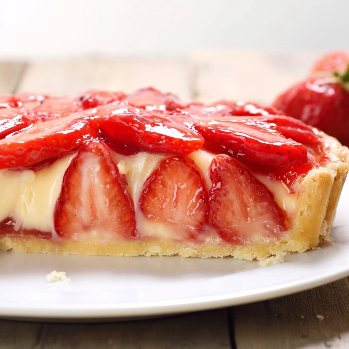 Sliced Tarte aux Fraises on white plate, bright berries and shiny apricot glaze