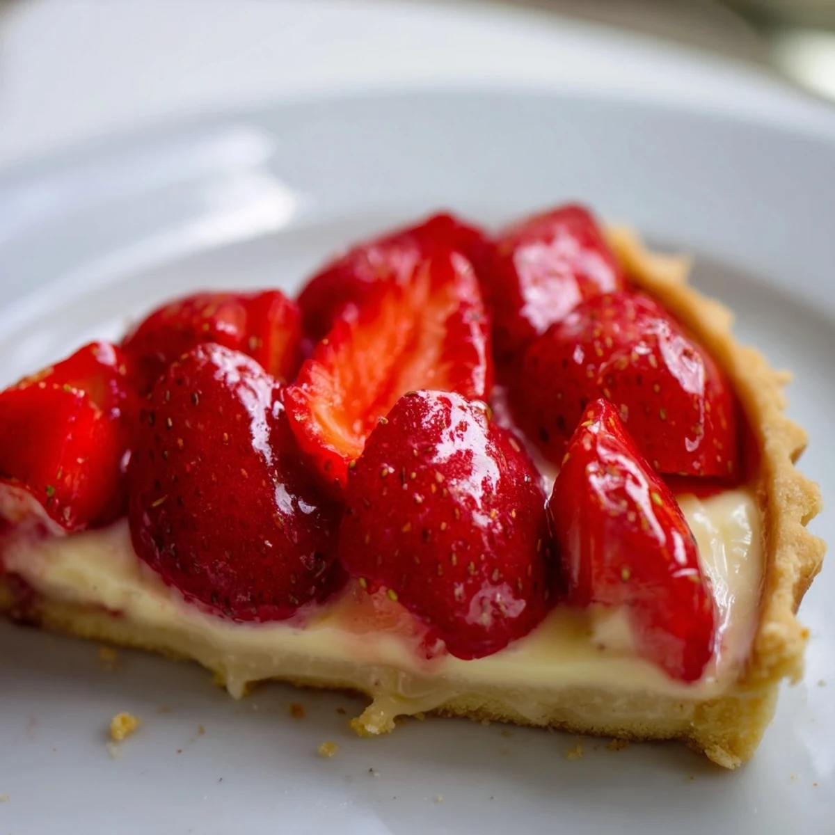 Fresh Tarte aux Fraises chilling in refrigerator, crisp crust and fragrant vanilla