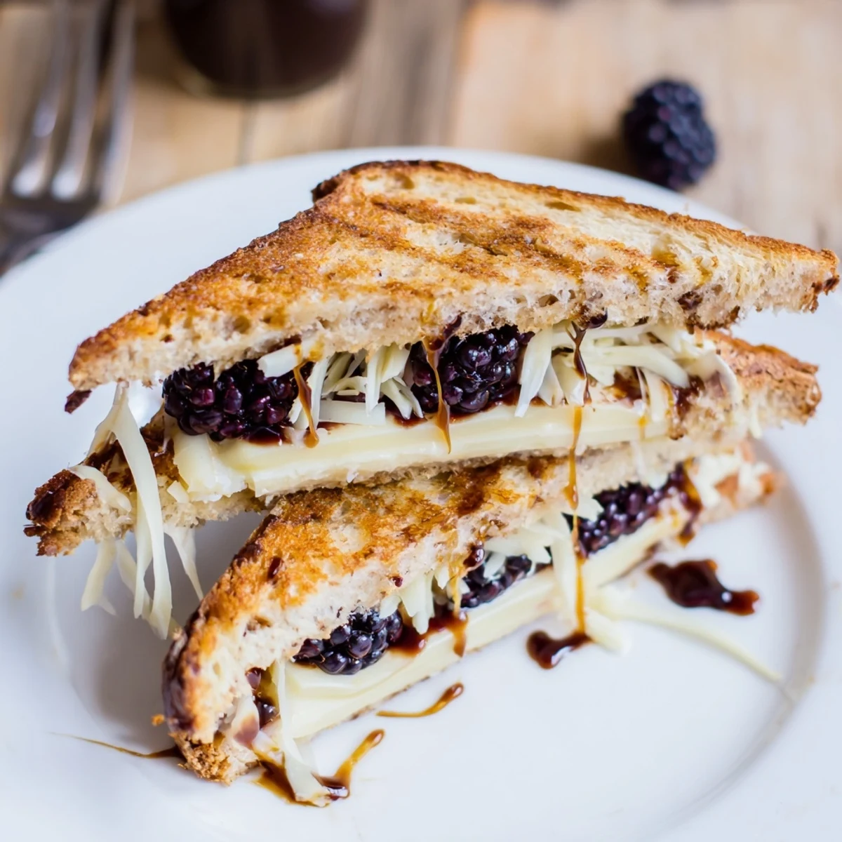 Skillet-toasted Balsamic Blackberry Bliss Grilled Cheese sliced, tangy glaze dripping.
