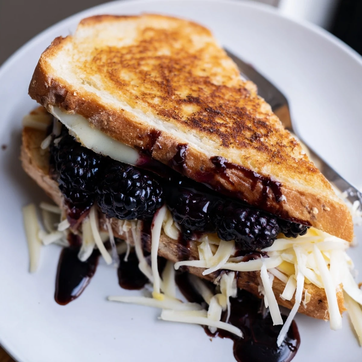 Balsamic Blackberry Bliss Grilled Cheese with gooey brie, golden crust, juicy blackberries.
