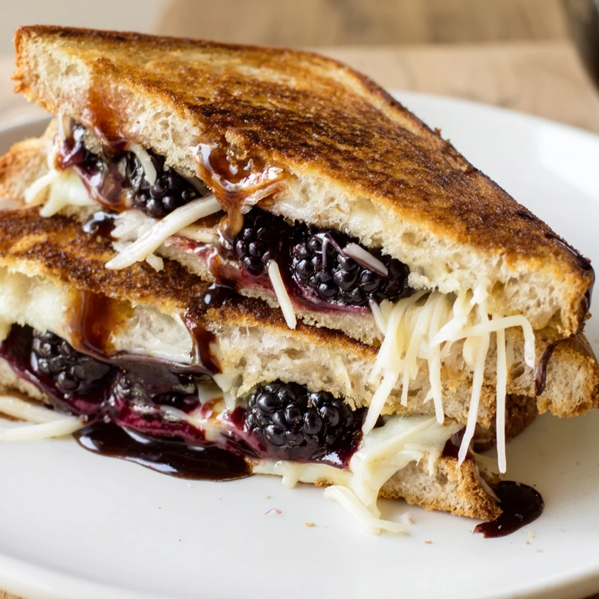 Warm Balsamic Blackberry Bliss Grilled Cheese served with fresh basil, crisp sourdough.
