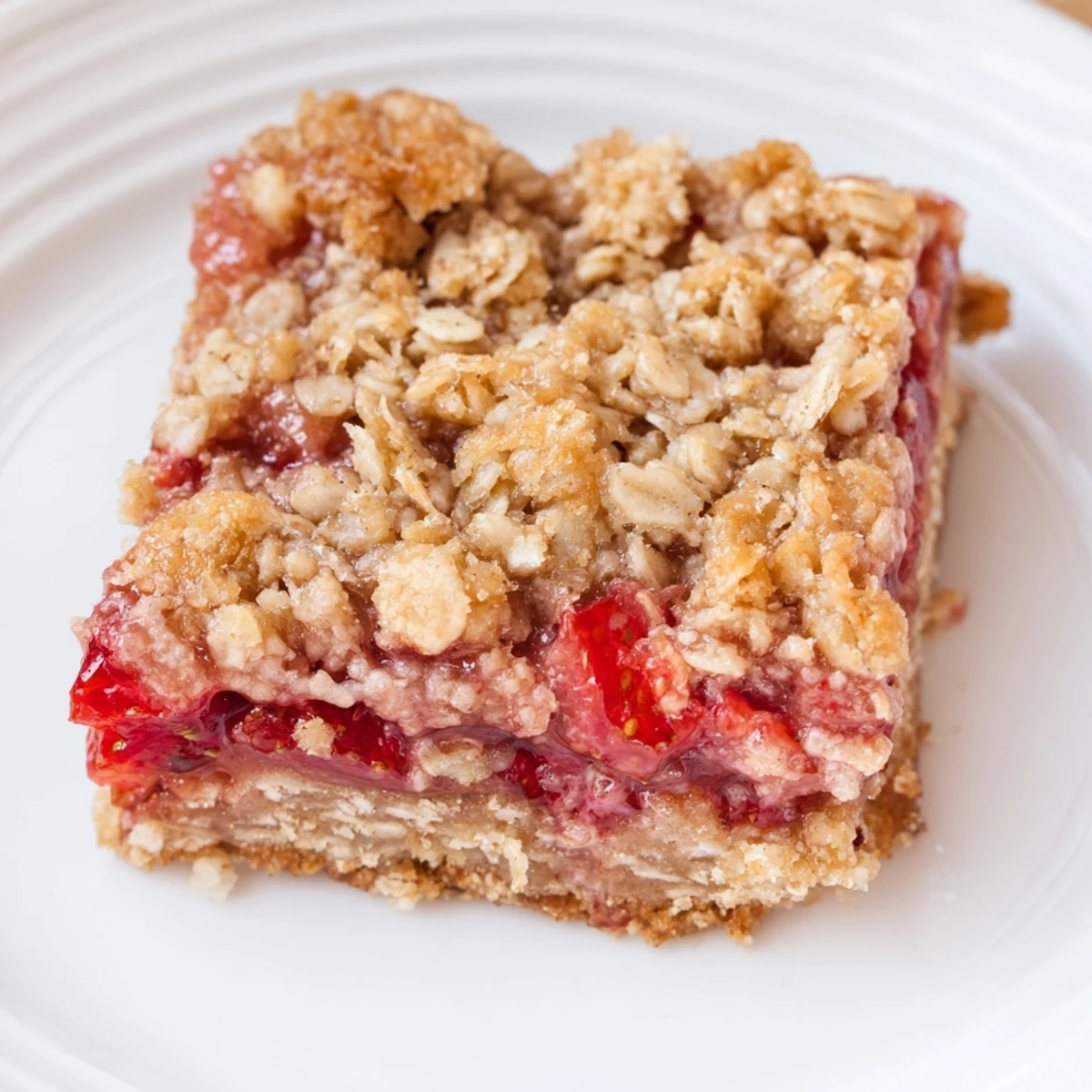 Warm Strawberry Oatmeal Crumble Bars recipe cooling in pan, golden oat topping