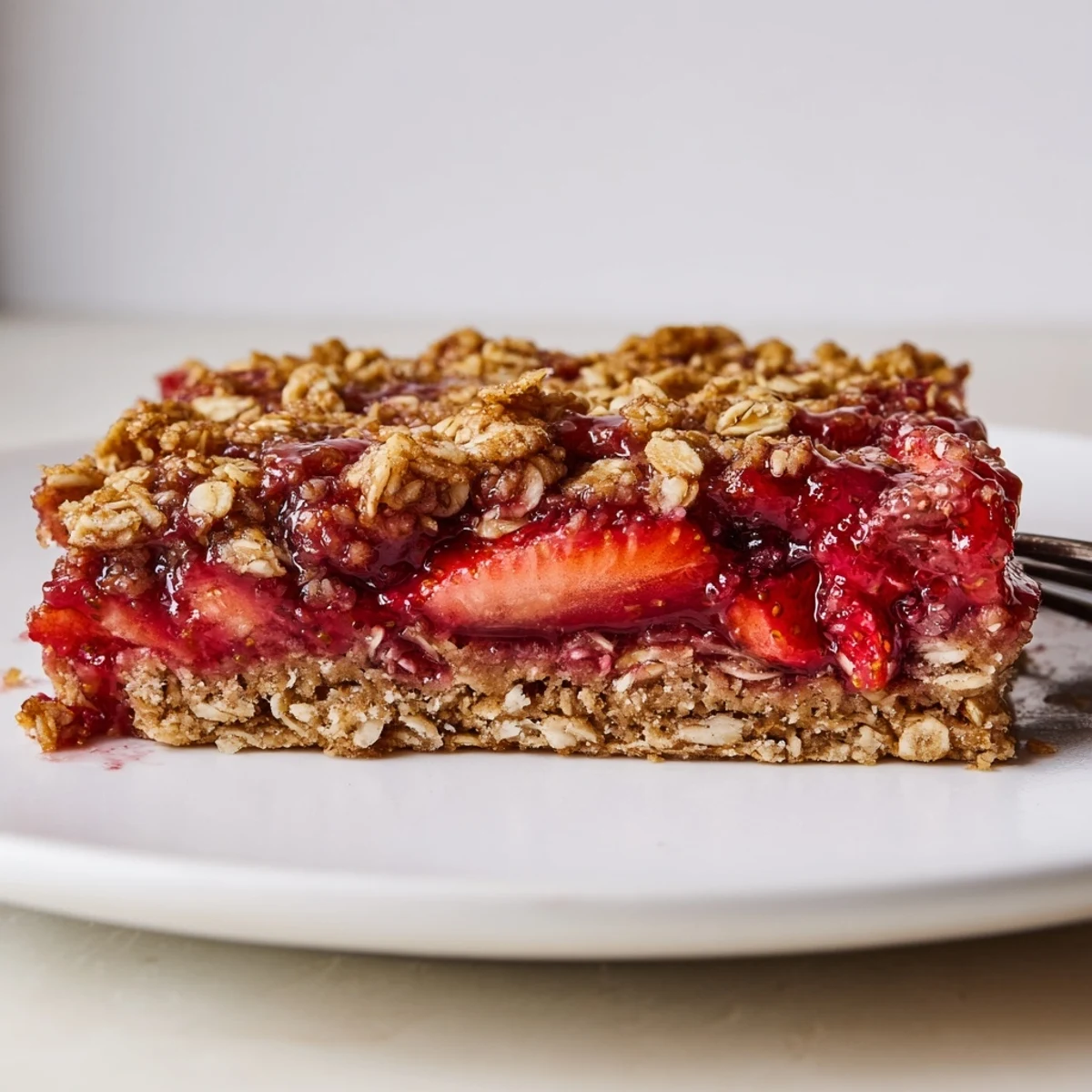 Slice of Strawberry Oatmeal Crumble Bars recipe served warm with melting ice cream