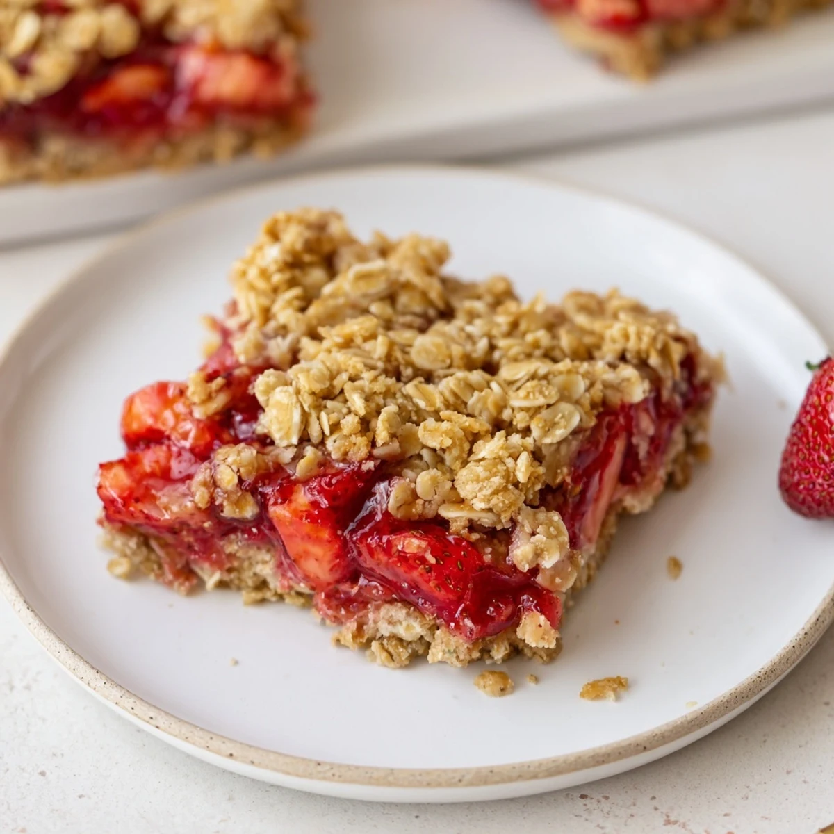 Close up of bubbling strawberry filling under buttery Strawberry Oatmeal Crumble Bars