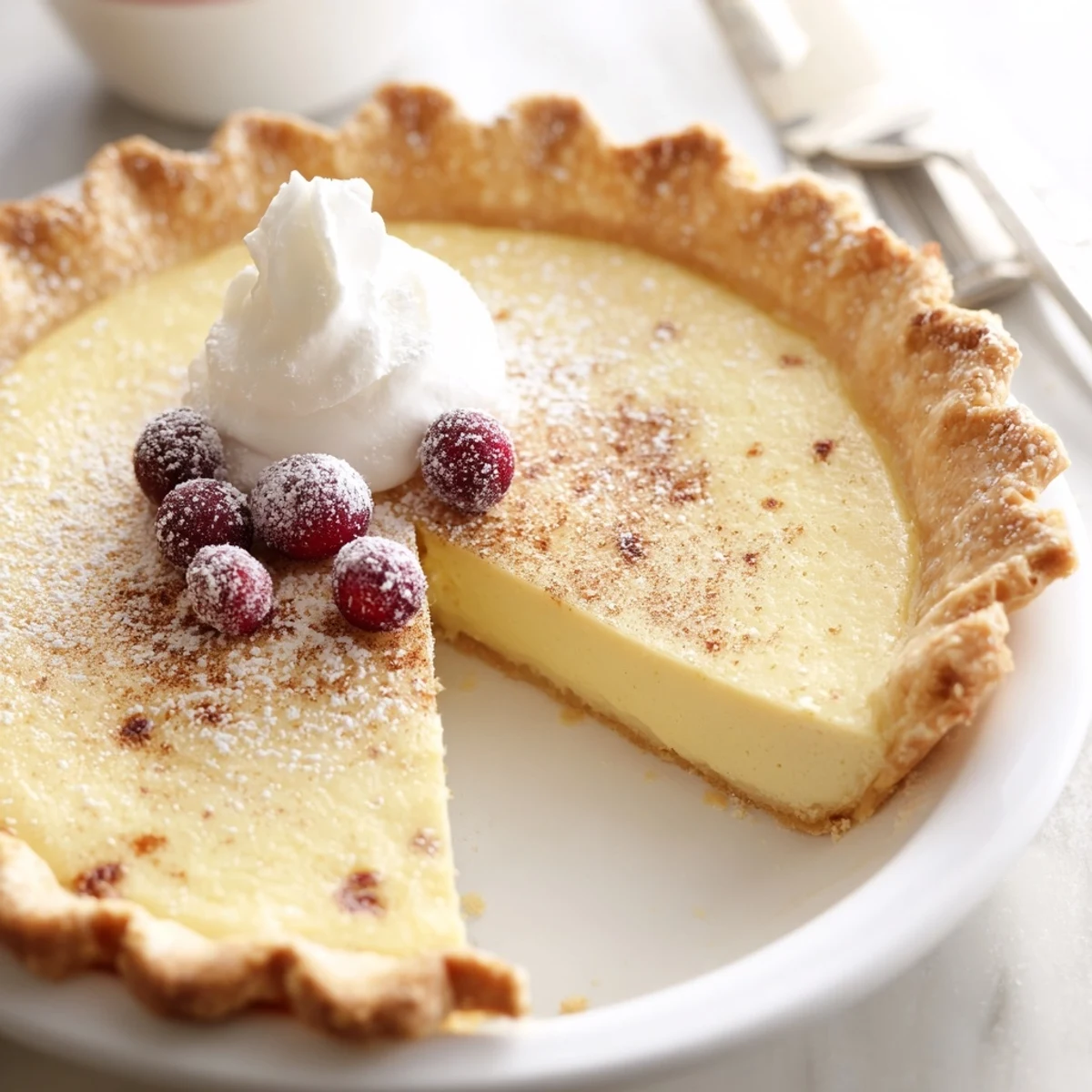Warm Christmas Eve Custard Pie With Cinnamon Vanilla, silky filling topped with powdered sugar