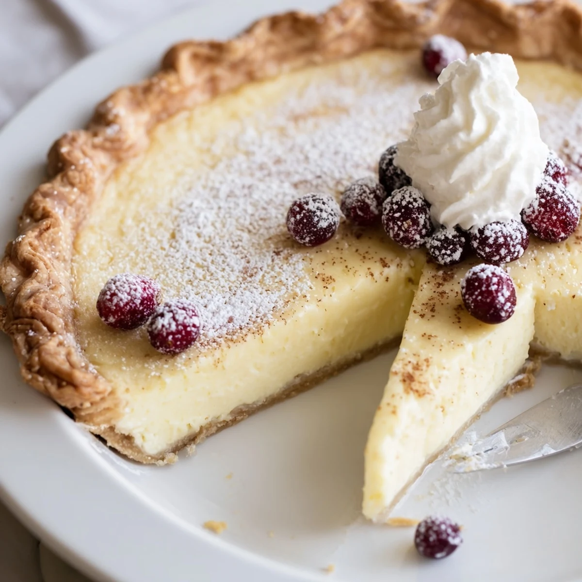 Slices of Christmas Eve Custard Pie With Cinnamon Vanilla on a wire rack, cooling