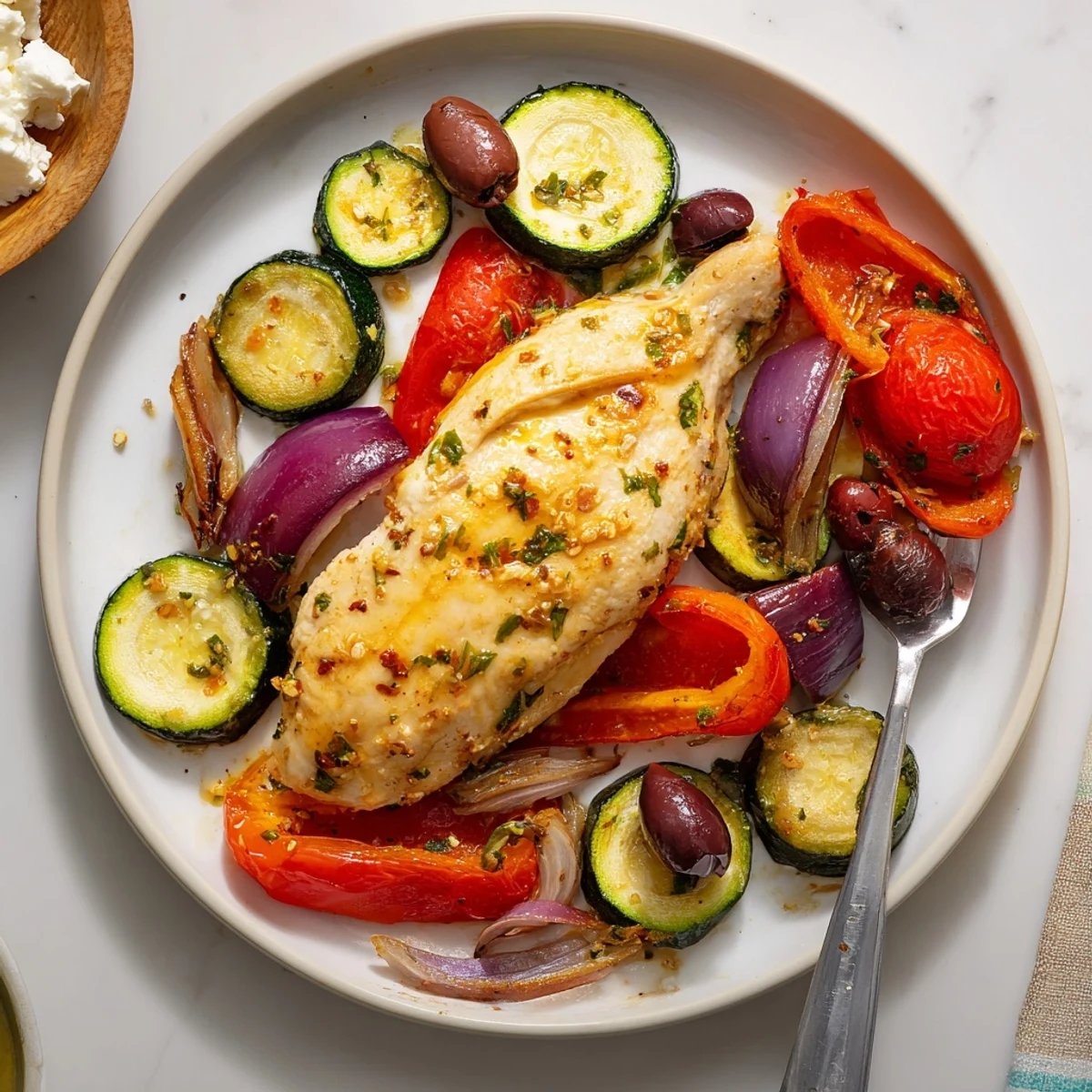 Sheet Pan Mediterranean Chicken Zucchini with tender roasted vegetables, feta and olives