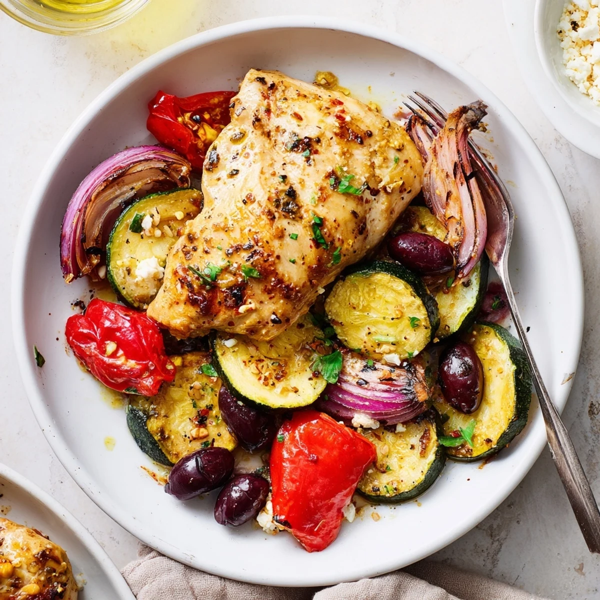 Oven-roasted zucchini and peppers beside lemon-garlic chicken breasts on Sheet Pan Mediterranean Chicken Zucchini