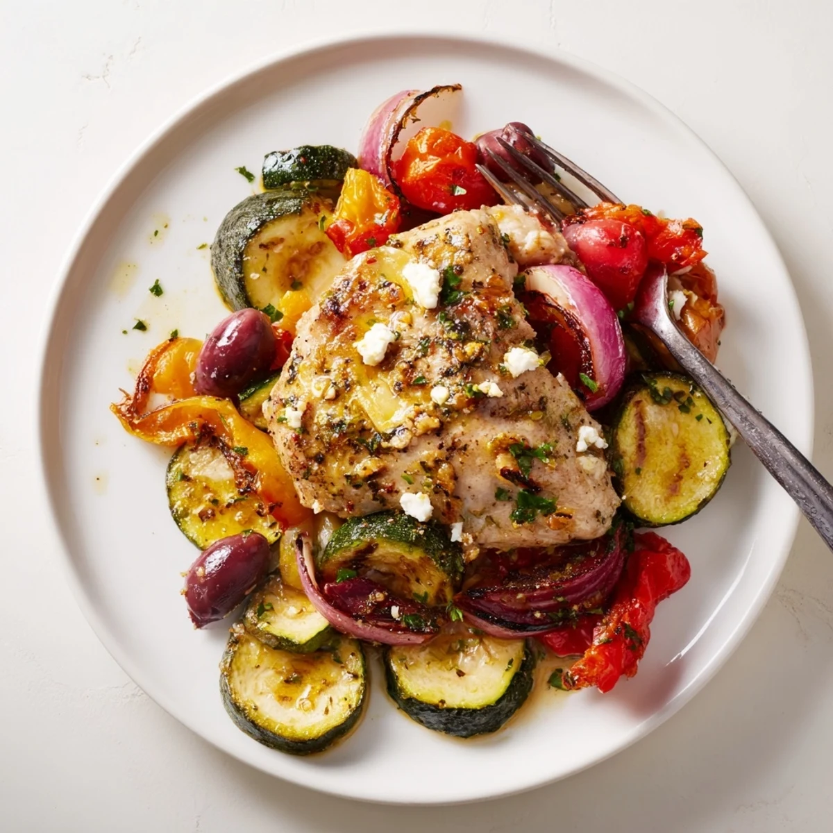 Simple weeknight meal of Sheet Pan Mediterranean Chicken Zucchini, served with warm pita