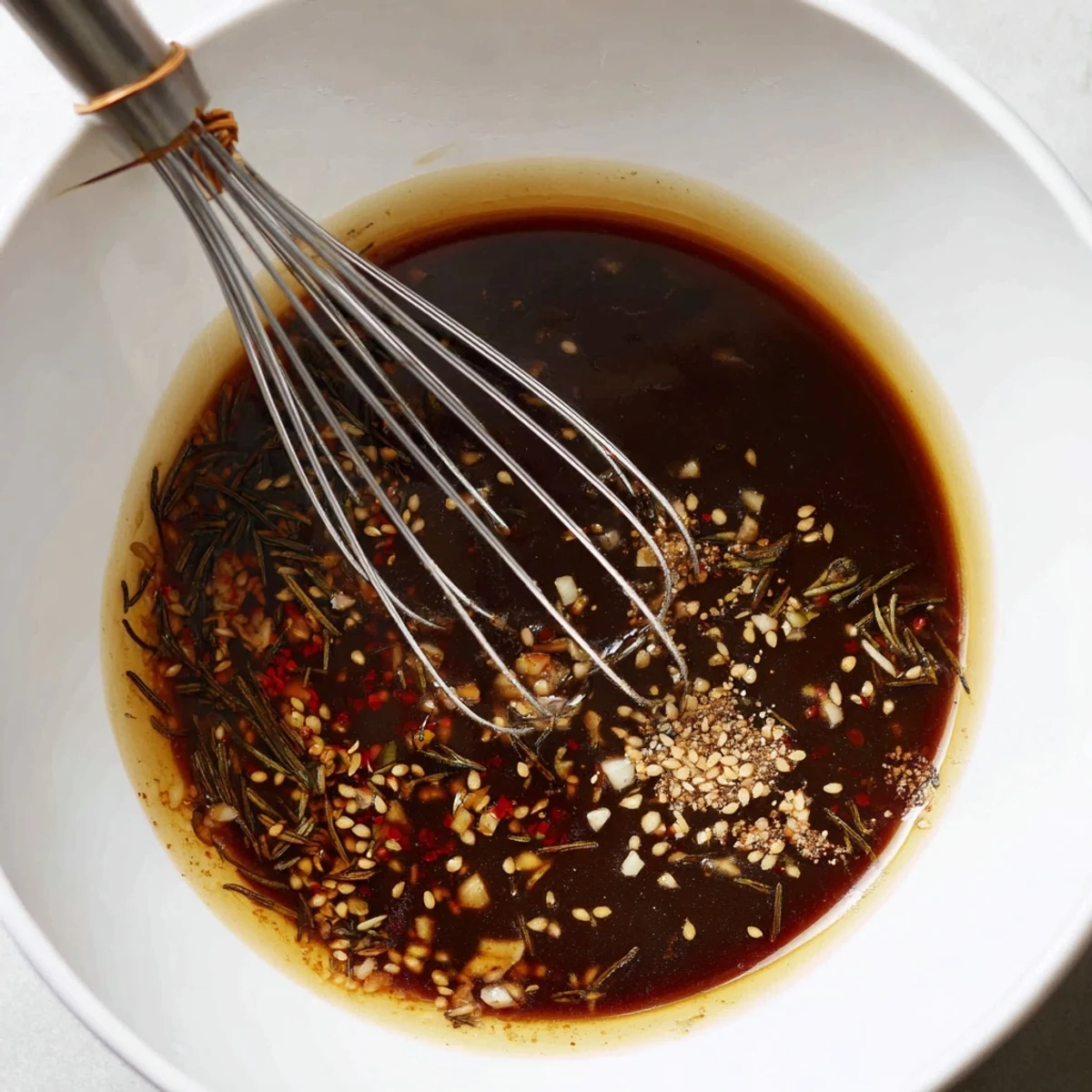 Homemade Steak Marinade in bowl with lemon, rosemary, and whisk