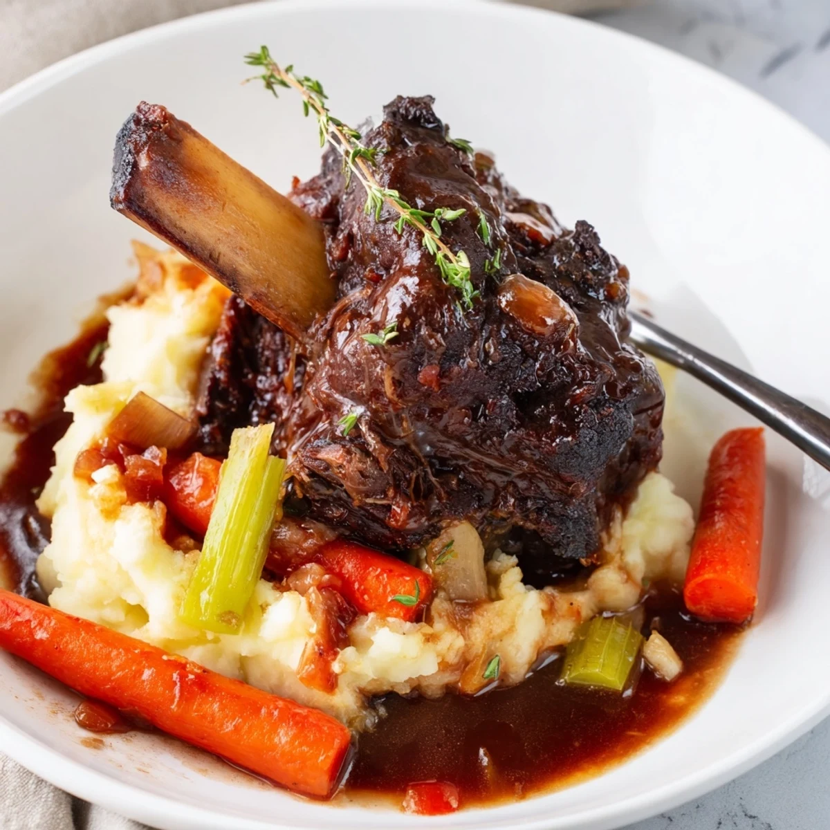 Glazed and steaming Slow Cooker Beef Short Ribs with carrots and onions
