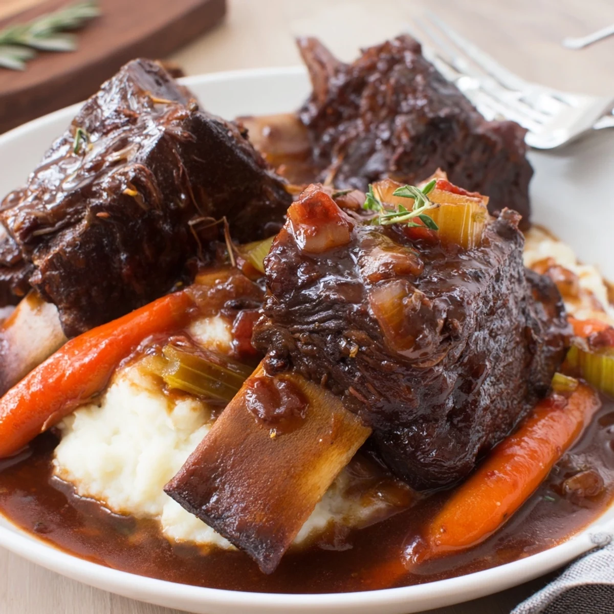 Hearty Slow Cooker Beef Short Ribs, fork-tender meat over creamy mashed potatoes