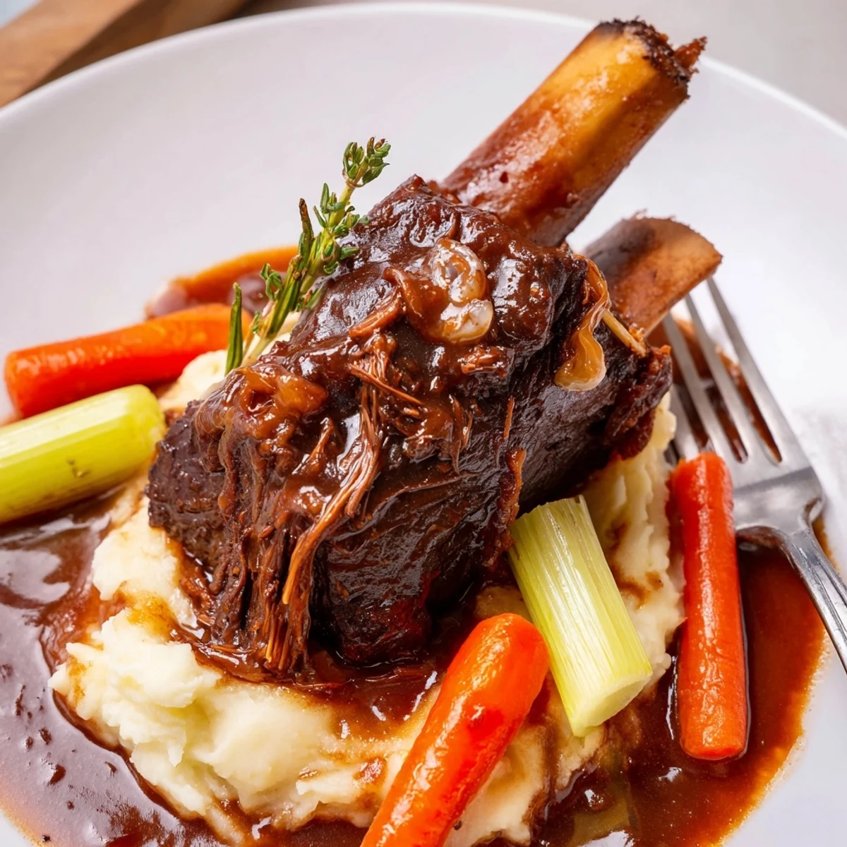 Slow Cooker Beef Short Ribs simmering eight hours, aromatic herbs and silky jus