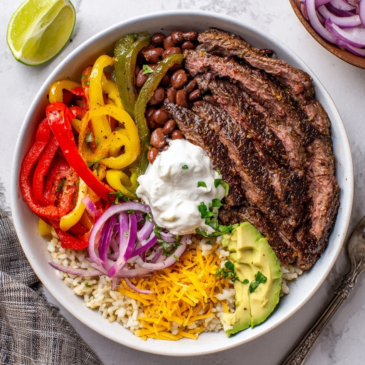 Steak Fajita Power Bowls served warm with lime wedges and tangy yogurt