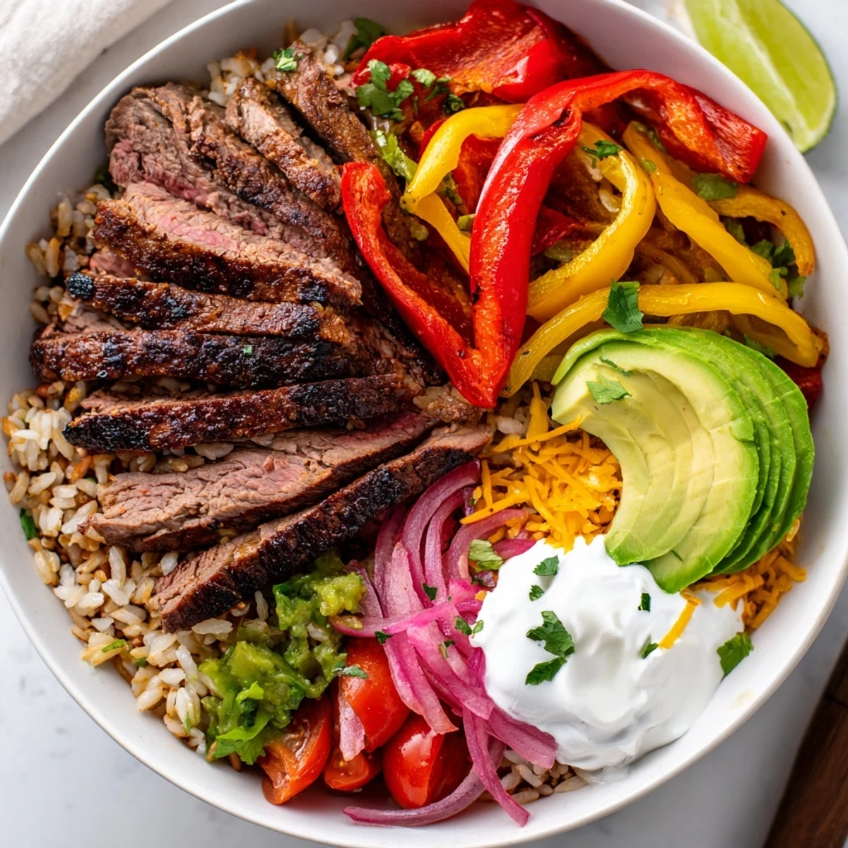 Hearty layers of brown rice, black beans, and steak in Steak Fajita Power Bowls
