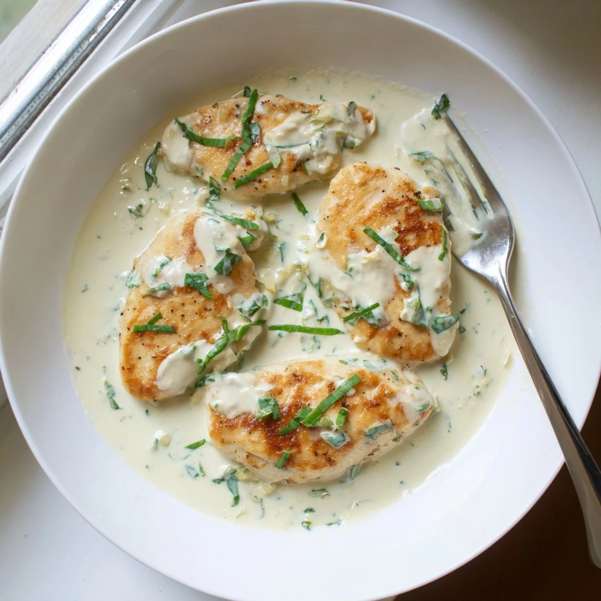Golden brown chicken breasts resting in a rich white sauce dotted with fresh green herbs