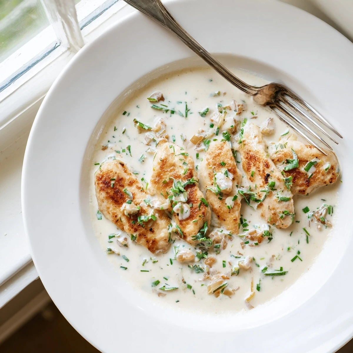 Savory creamy herb chicken served in a white bowl with chopped parsley and basil garnish