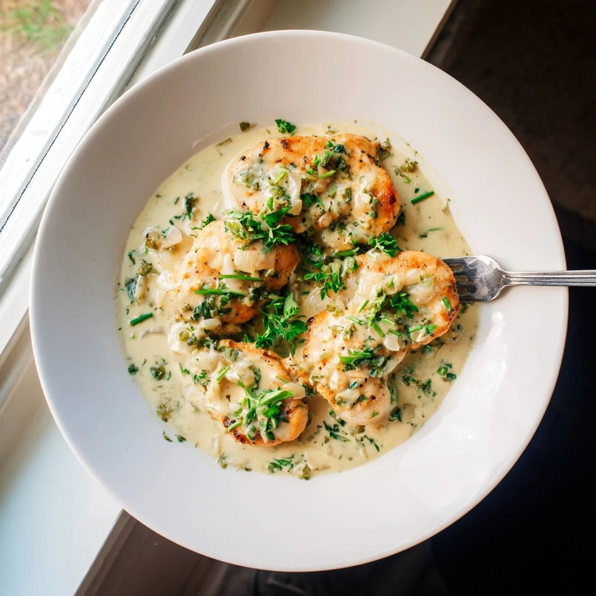 Tender juicy chicken pieces simmered in velvety creamy herb sauce perfect for weeknight dinner