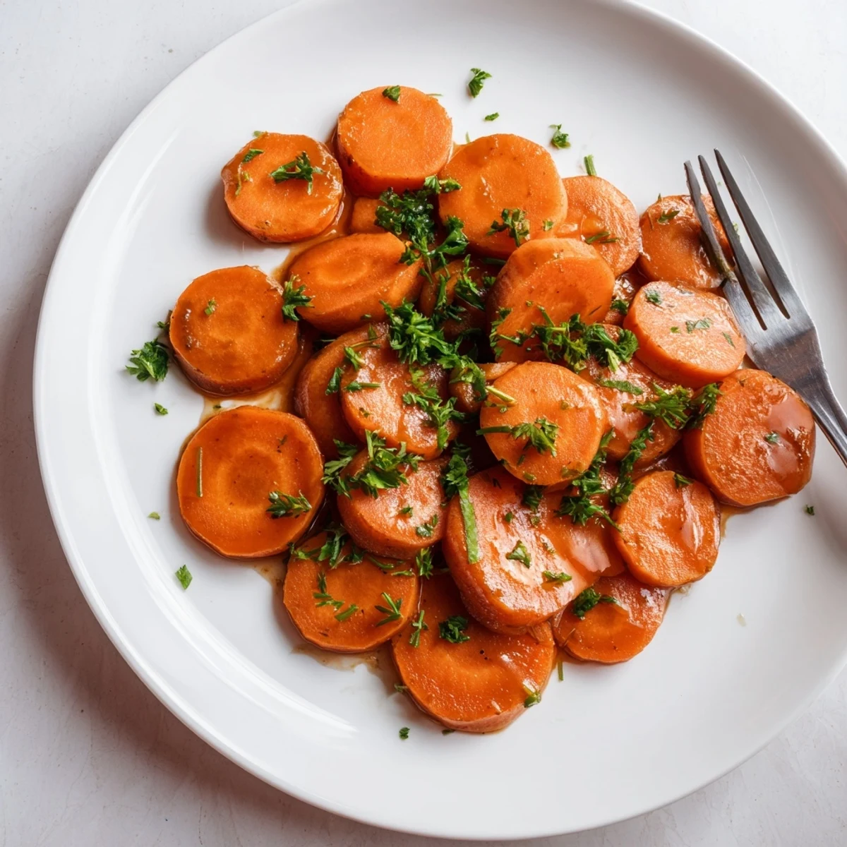 Golden glazed carrots in a buttery brown sugar coating served on a white plate