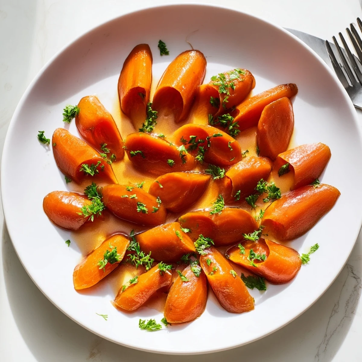 Tender carrot slices simmered in sweet glossy glaze garnished with fresh green parsley
