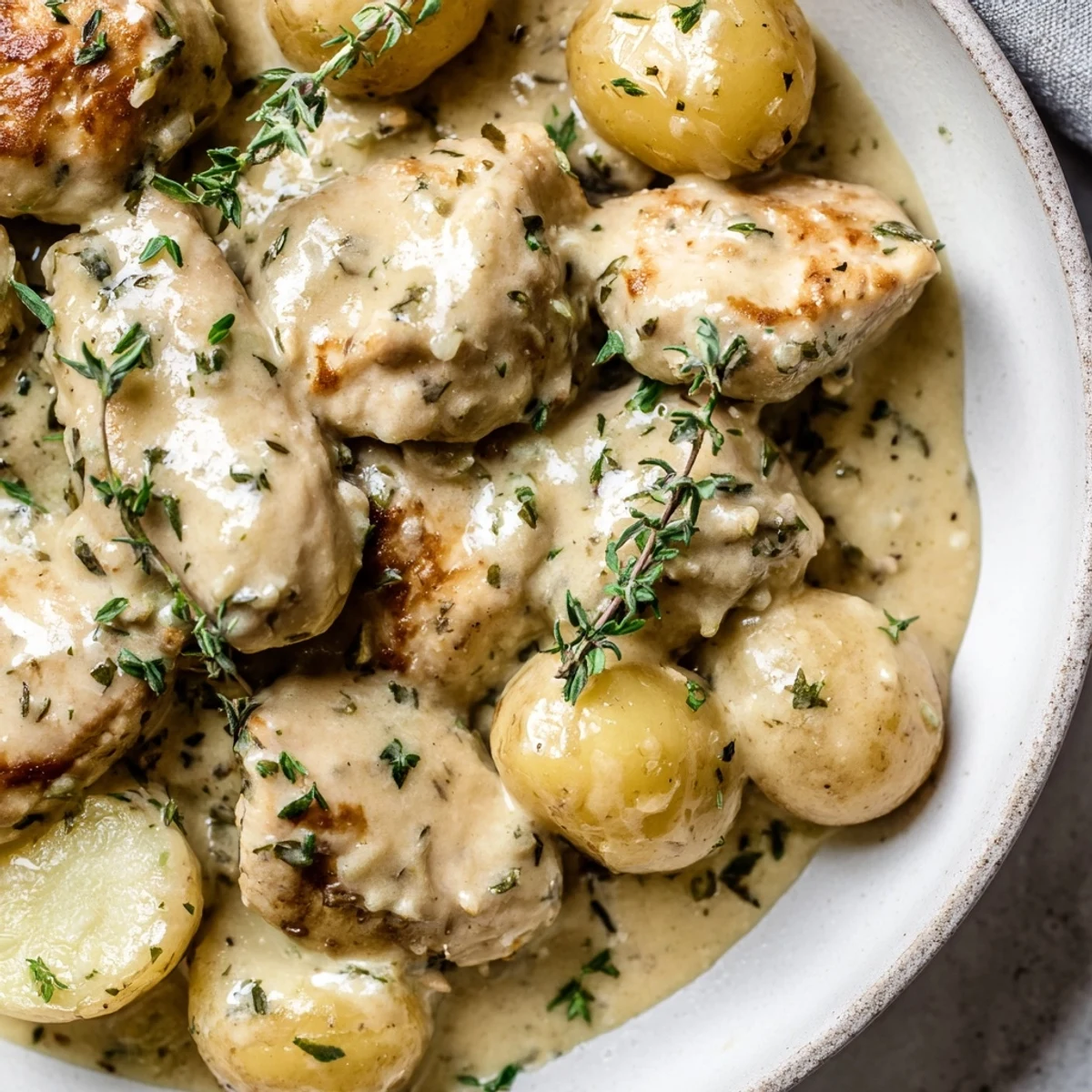 Comforting one-skillet meal featuring juicy chicken and potatoes swimming in luscious garlic cream sauce