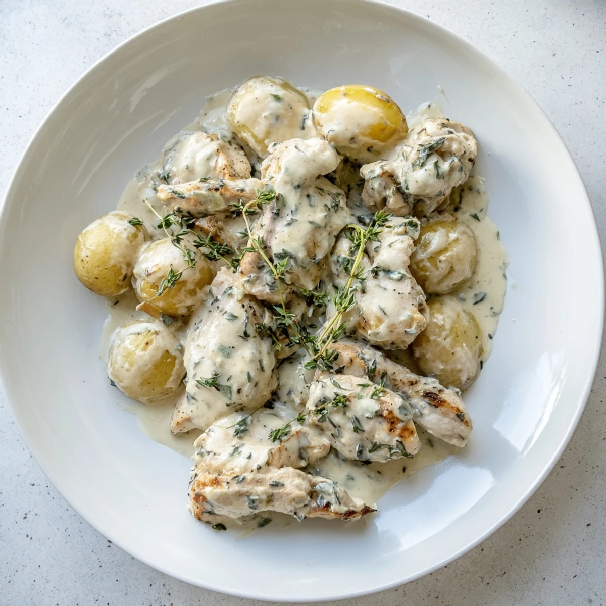 Golden pan-seared chicken breasts nestled among tender baby potatoes in rich herb-infused creamy sauce