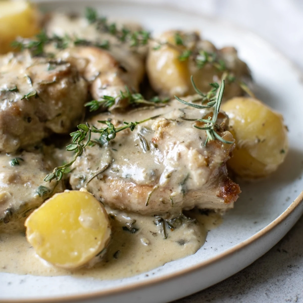 Rustic creamy herb chicken and potatoes dish garnished with fresh parsley and served piping hot