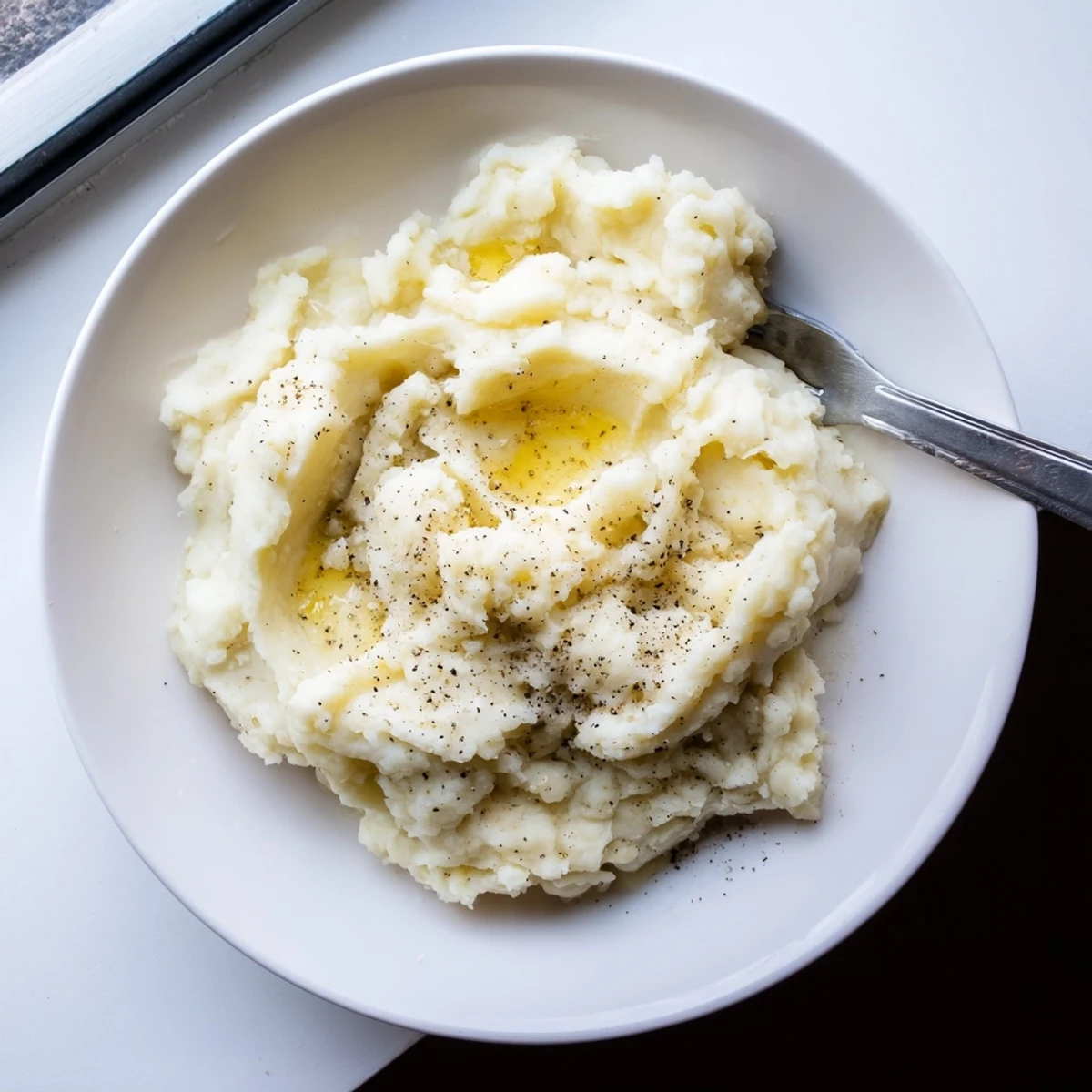 Creamy mashed potatoes topped with melting butter on a white serving plate