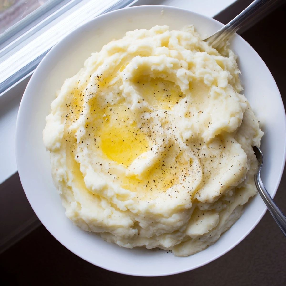 Steaming bowl of classic mashed potatoes sprinkled with black pepper