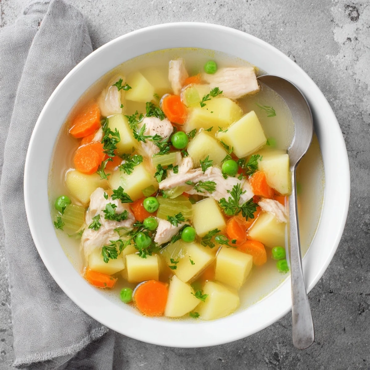 Steaming bowl of comforting chicken soup with potatoes garnished with fresh parsley and filled with tender chunks of chicken and vegetables