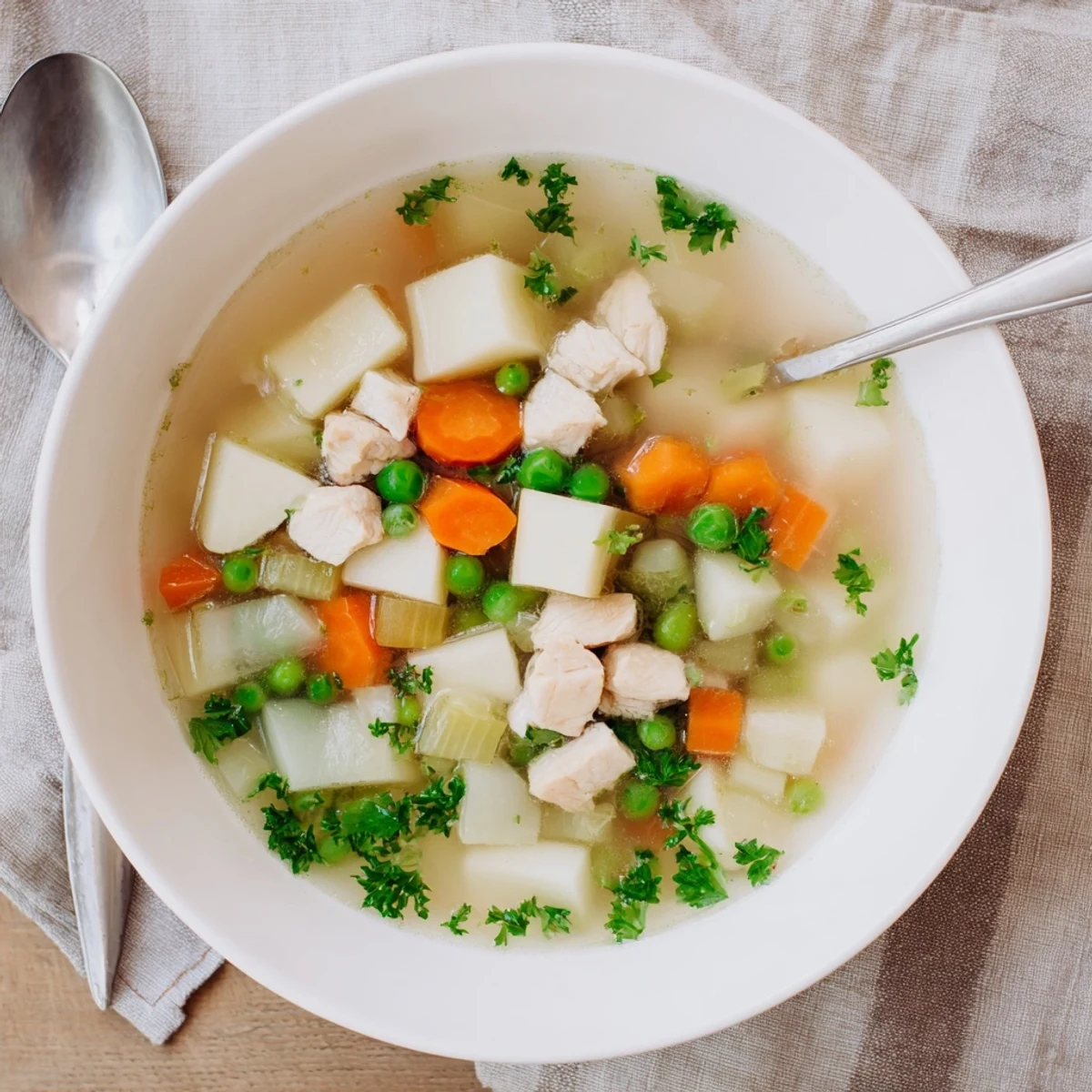 Golden broth of comforting chicken soup with potatoes featuring diced chicken breast carrots celery and cubed potatoes in a rustic soup bowl