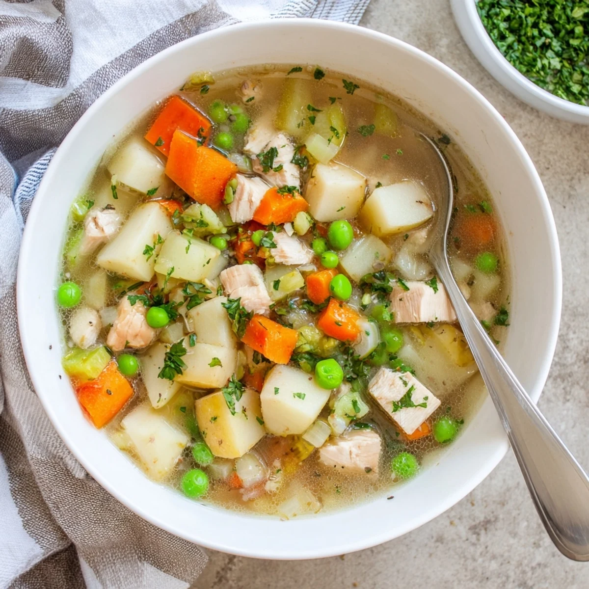 Hearty comforting chicken soup with potatoes ladled into a bowl with vibrant peas carrots and aromatic herbs sprinkled on top
