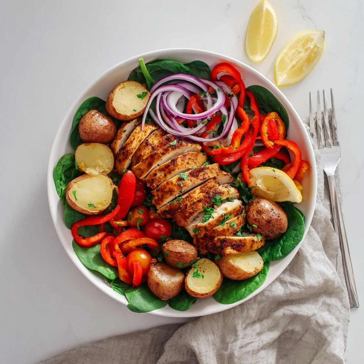 Golden roasted chicken and crispy baby potatoes arranged in a colorful bowl with fresh vegetables