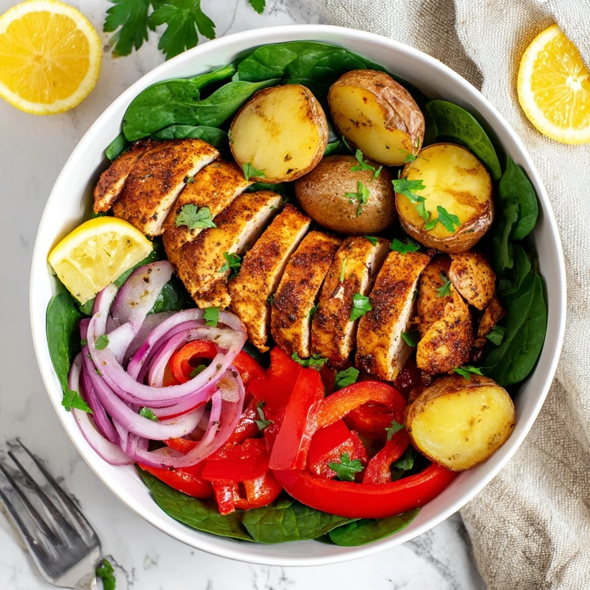 Vibrant chicken and roasted potato bowl with lean grilled meat, crisp vegetables, and baby spinach