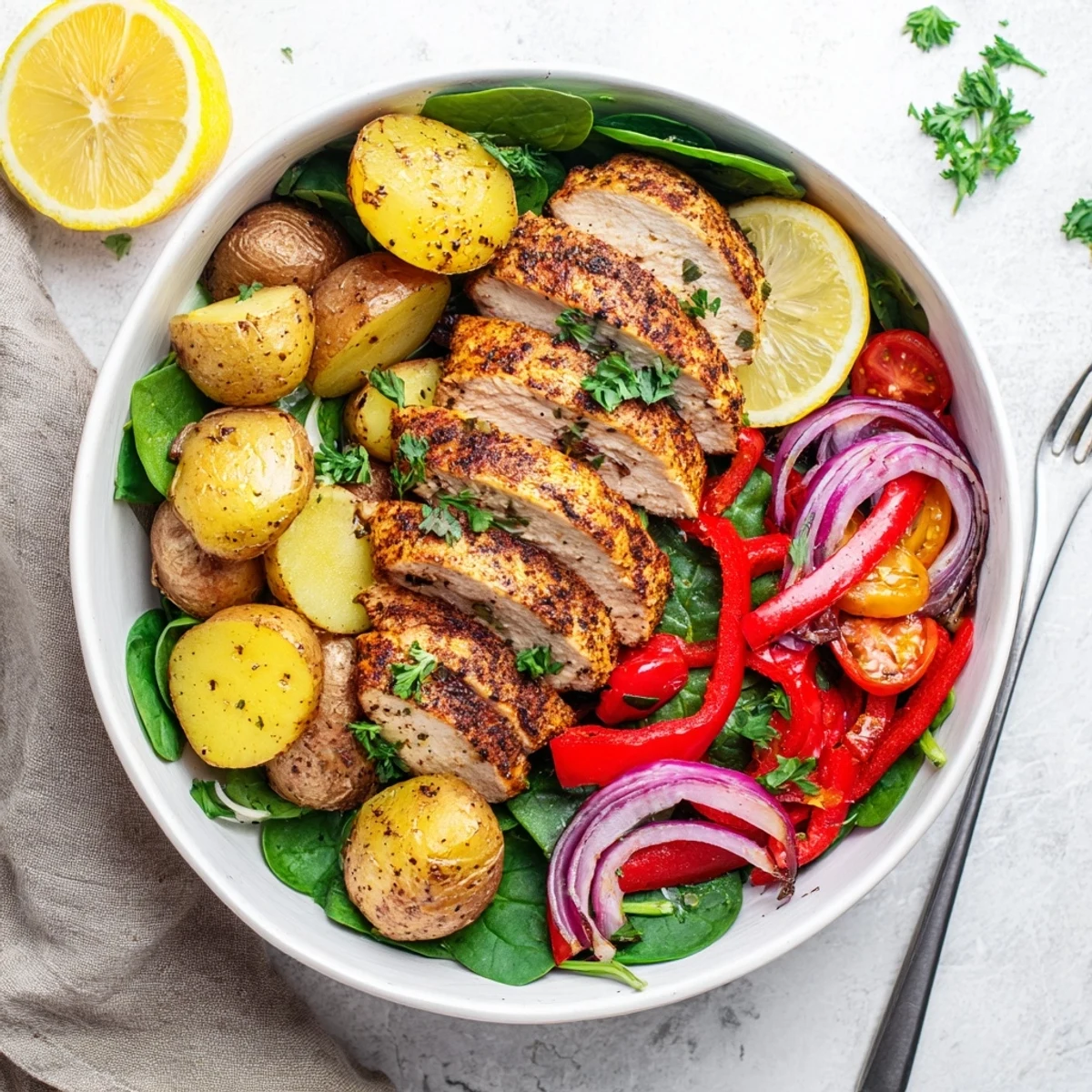 Healthy skinny chicken and roasted potato bowl featuring grilled slices over tender potatoes and greens