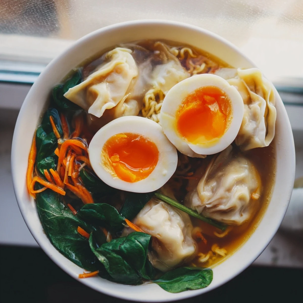 Comforting Asian fusion dumpling ramen bowl with creamy soft-boiled eggs and crisp colorful vegetable garnishes.
