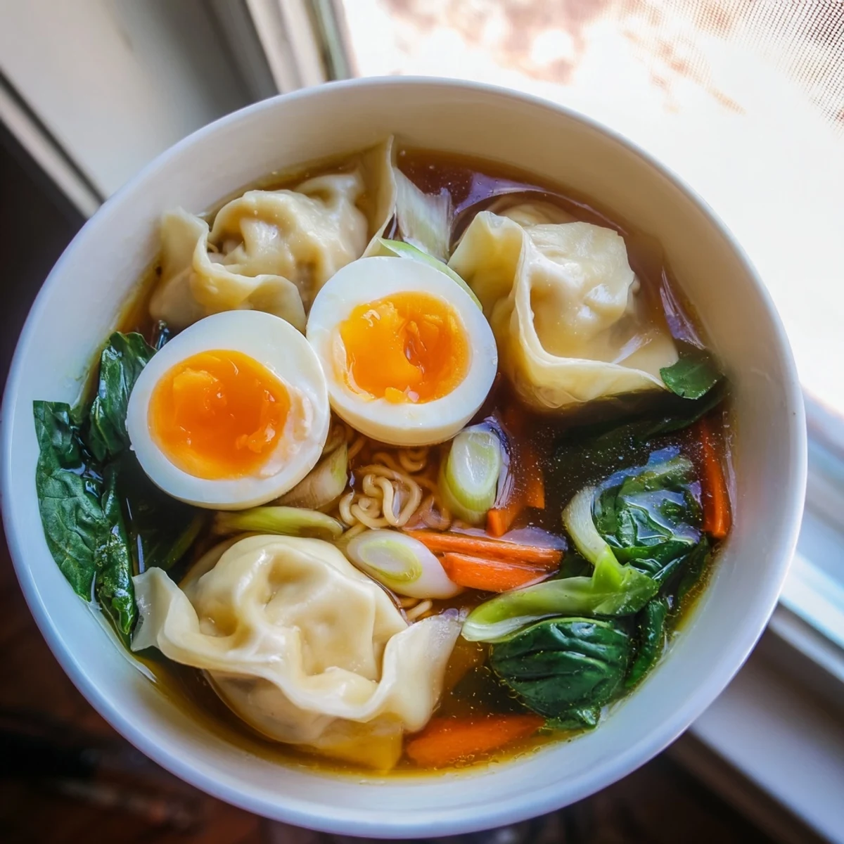 Steamy bowl of dumpling ramen featuring soft-boiled eggs and fresh vibrant greens in savory broth.