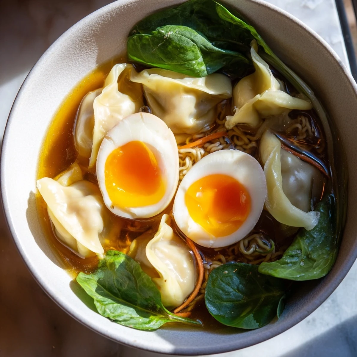 Savory dumpling ramen bowl showcasing tender dumplings, jammy soft-boiled eggs, and fresh leafy greens in aromatic broth.