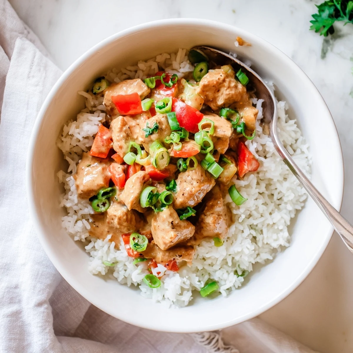 Golden chicken pieces swim in a spicy creamy sauce with colorful bell peppers over fluffy white rice