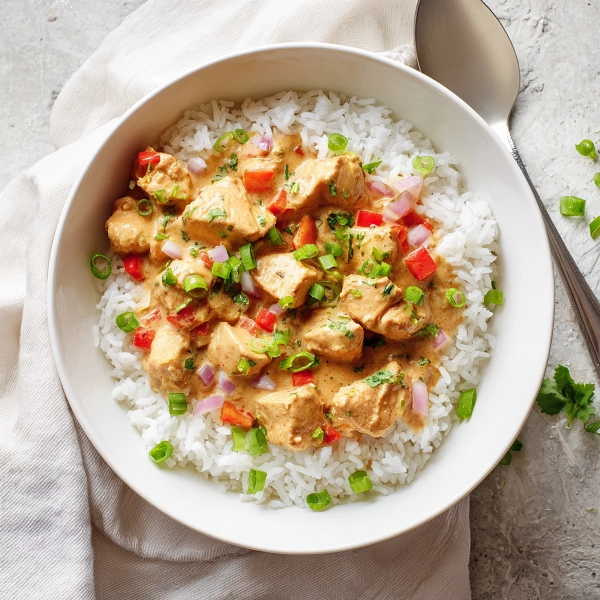 Savory Cajun chicken rice bowl featuring tender meat in a rich cream sauce topped with fresh green onions