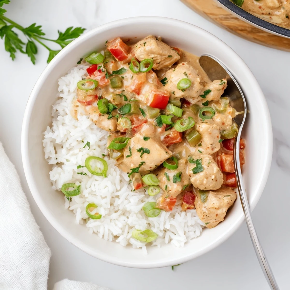 Creamy Cajun chicken and peppers served over steamed rice in a vibrant hearty main dish bowl