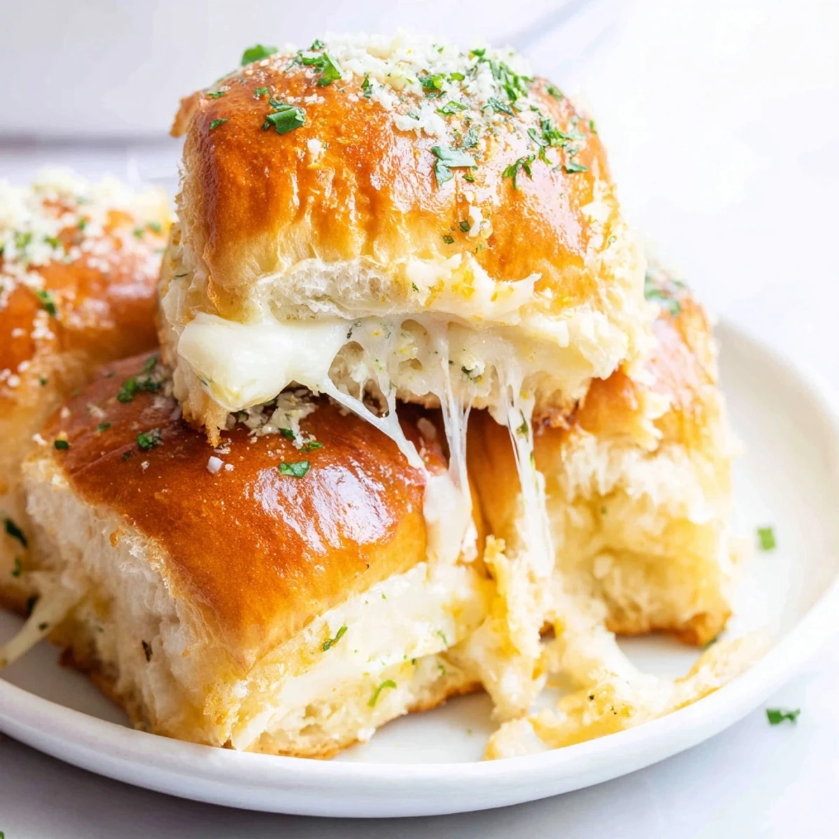 Savory sweet roll sandwiches filled with layers of melted cheese and sprinkled with fresh parsley