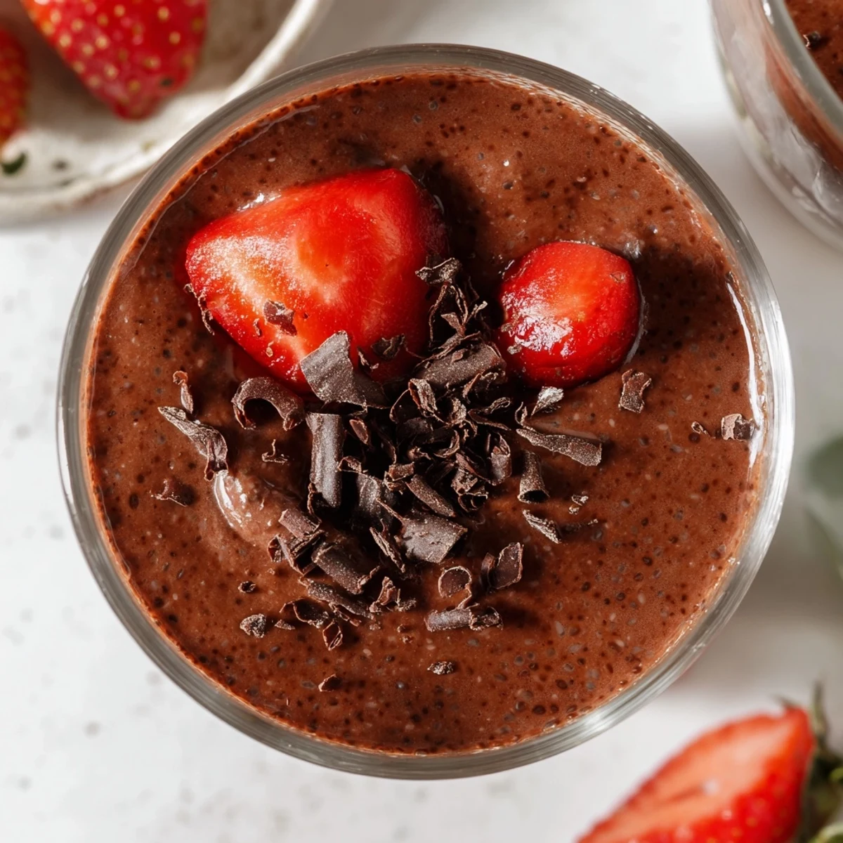 Creamy chocolate flaxseed pudding topped with fresh berries and shaved dark chocolate in a glass bowl