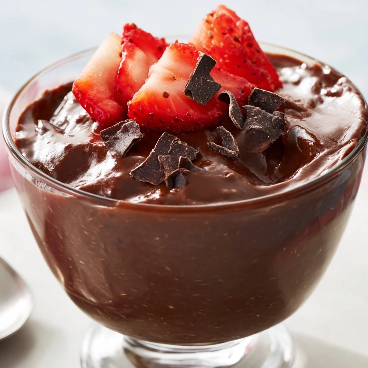 Rich chocolate flaxseed pudding dessert with smooth texture and whipped cream drizzle on white background