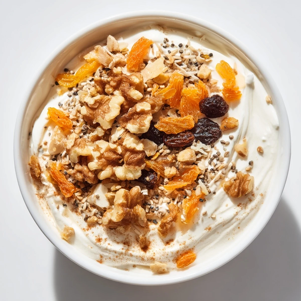 Creamy carrot cake yogurt bowl topped with grated carrots, walnuts, raisins, coconut, and granola