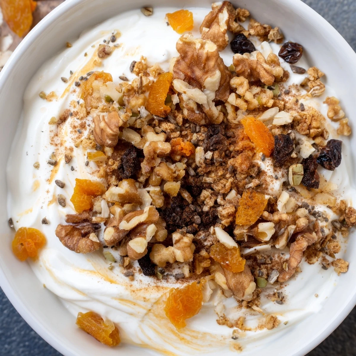 Breakfast carrot cake yogurt bowl layered with crunchy pecans, shredded coconut, and sweet raisins