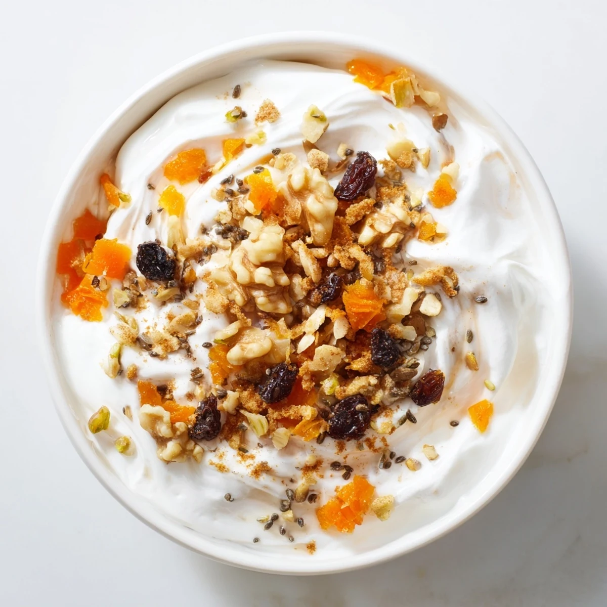 Wholesome Greek yogurt bowl spiced with cinnamon and nutmeg, loaded with carrot cake mix-ins